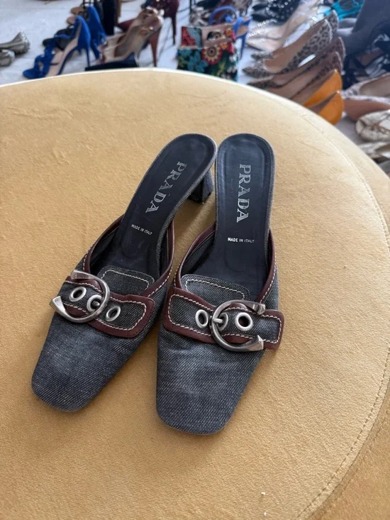 Vintage Prada Denim and Brown Leather Buckle Mules - Picture 6 of 7